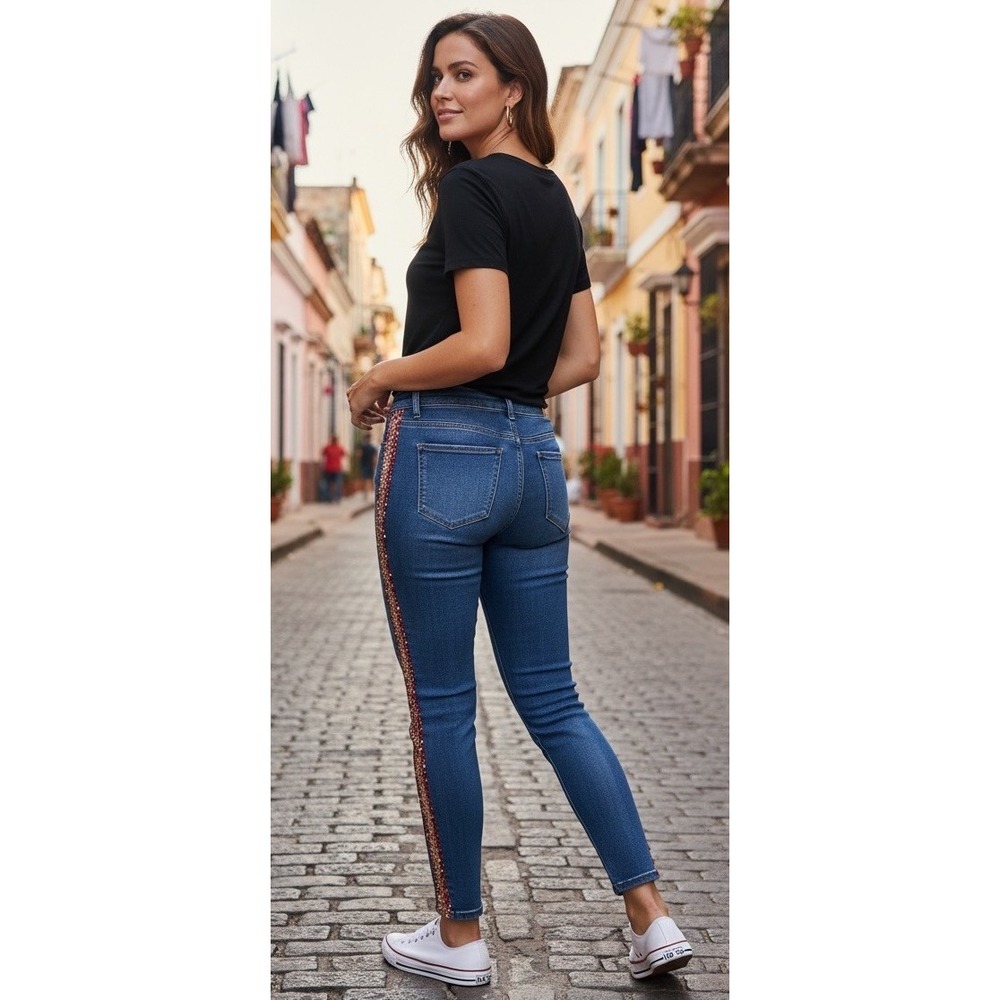 Laurie Felt Women Jeans Embroidered Stripe Ankle Skinny Dark Blue Pull On Large